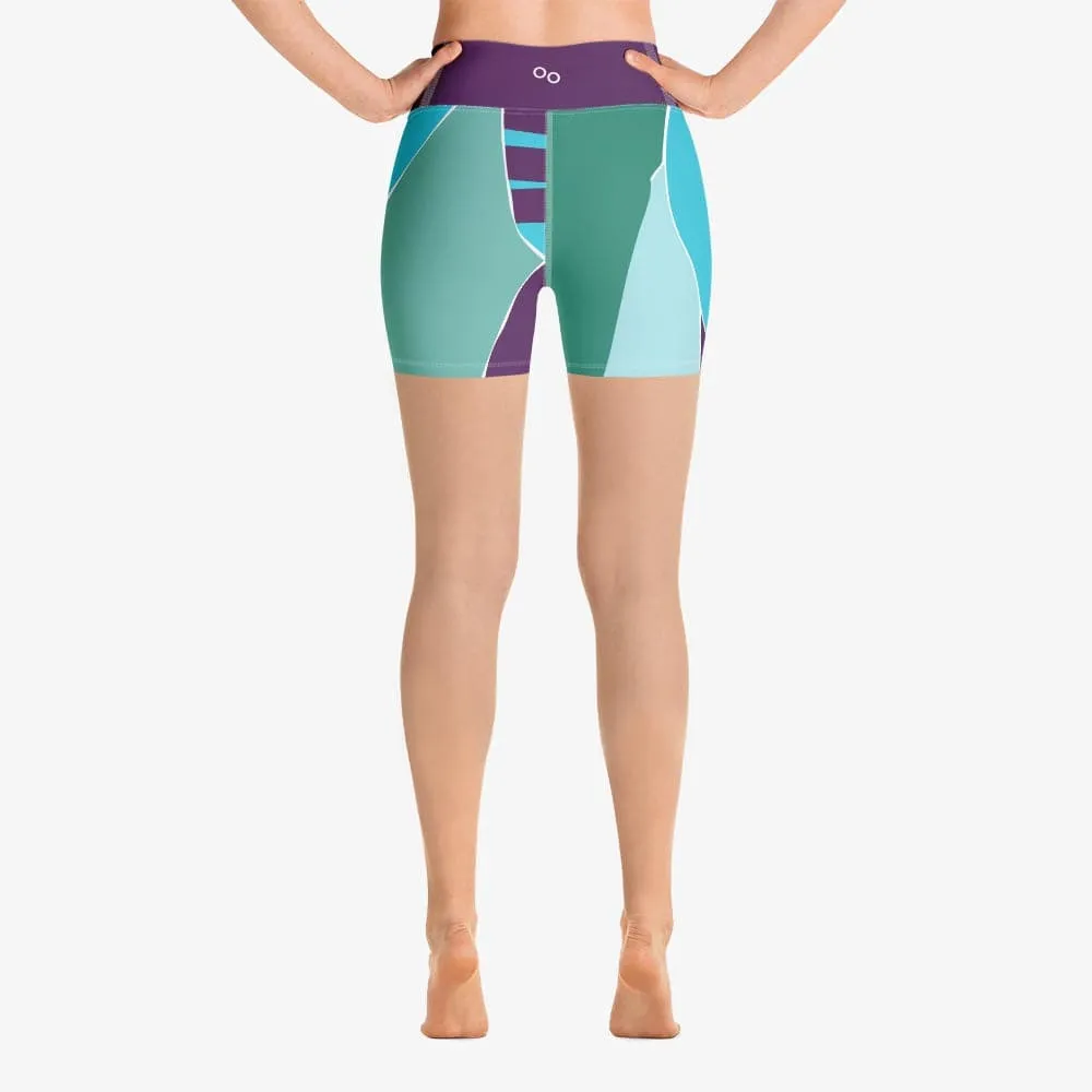 Patterned Yoga Shorts "Collage" Cyan/Plum