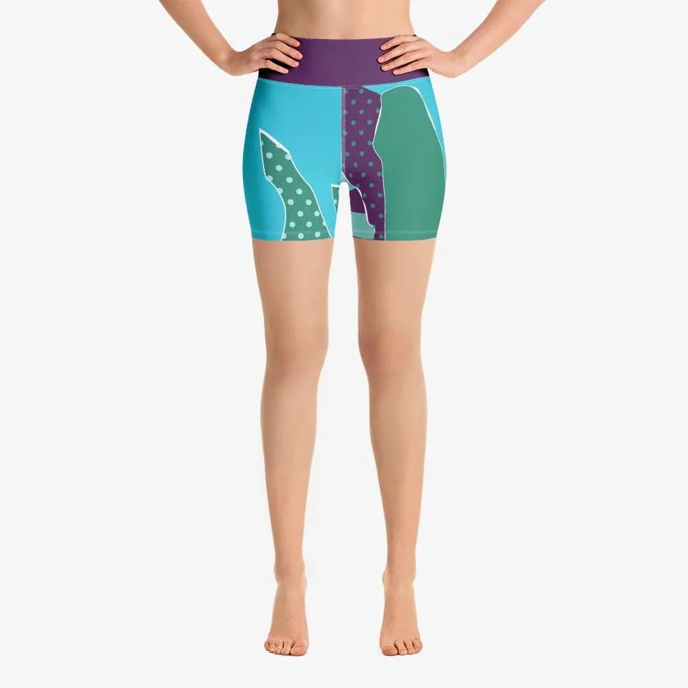 Patterned Yoga Shorts "Collage" Cyan/Plum