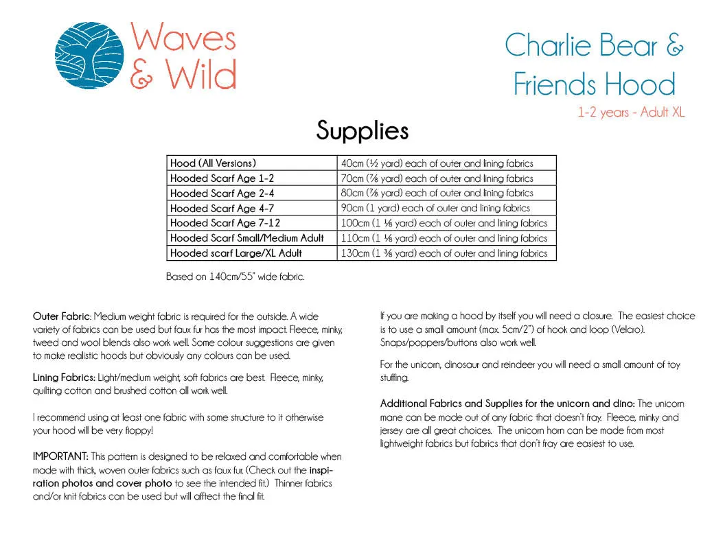 PDF Pattern - Charlie Bear & Friends Hood | Waves & Wild