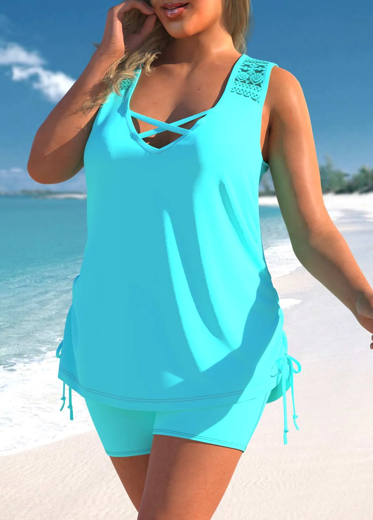 Plus Size Lace Stitching Cyan Tankini Set
