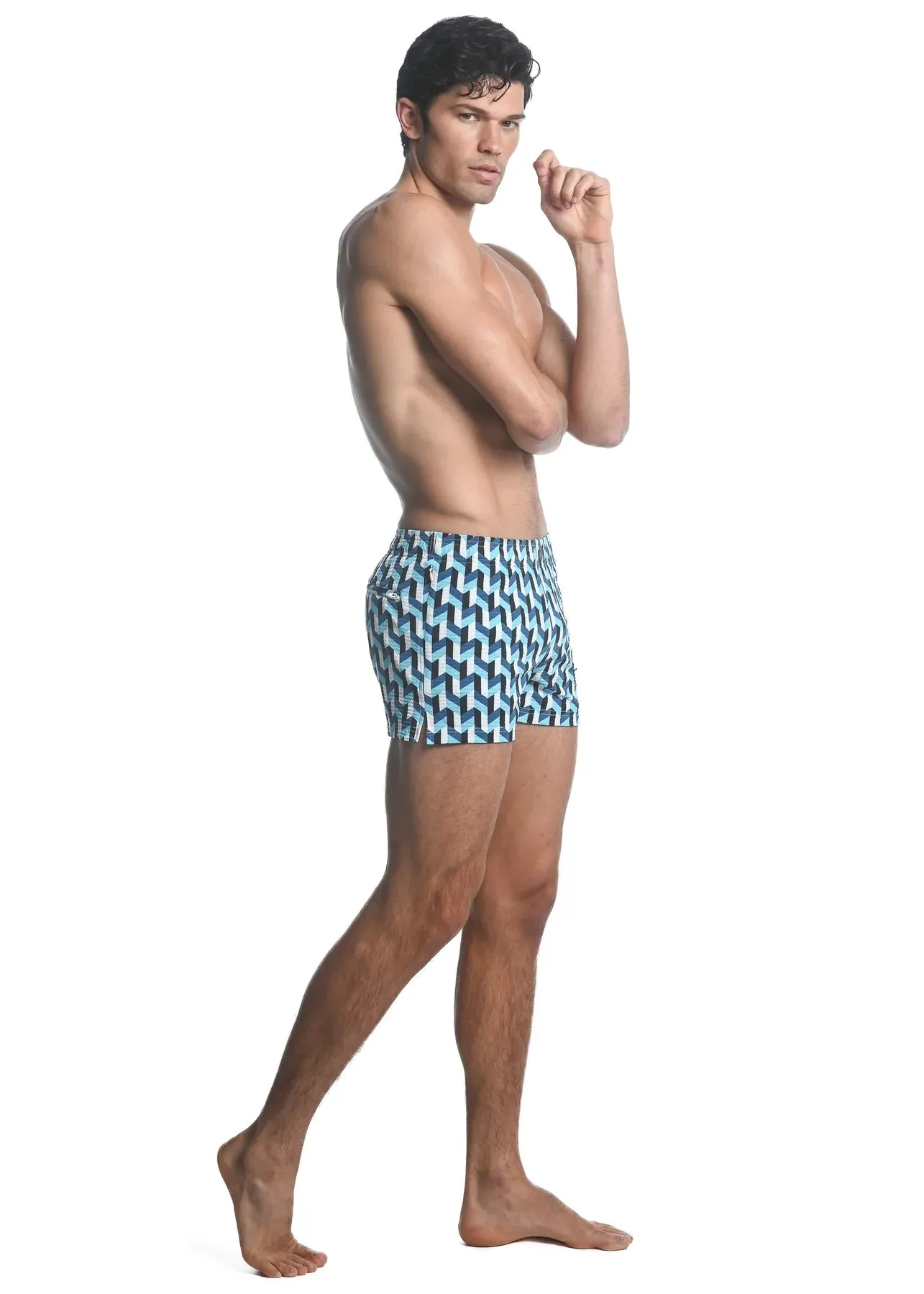 Printed Swim Shorts (Cyan 3D Chevron)