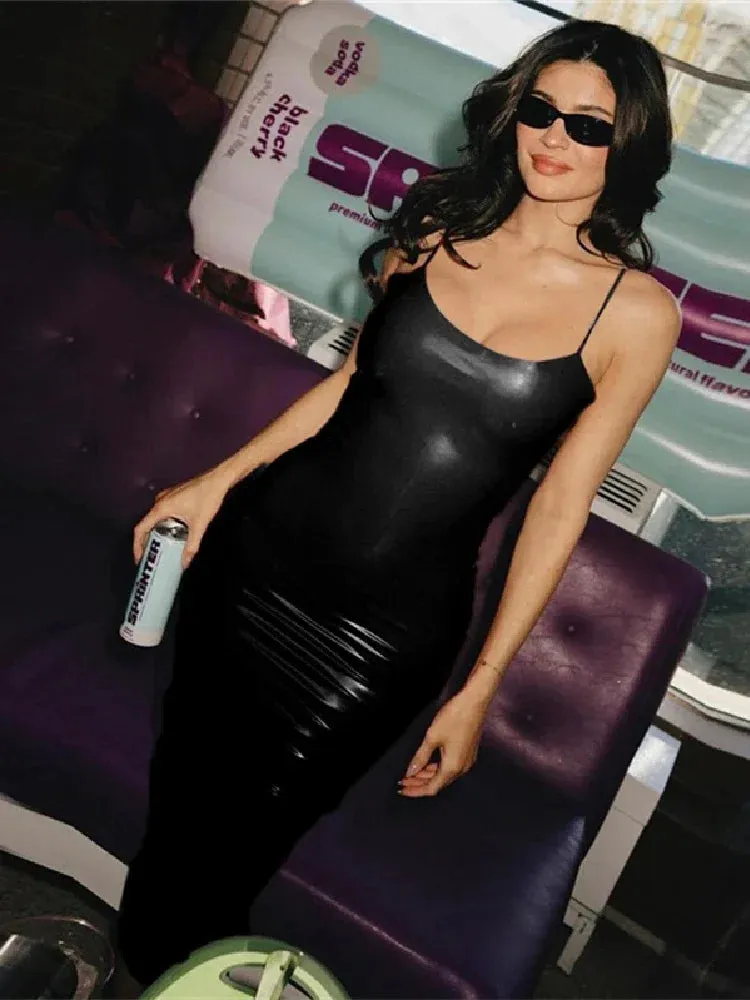 PU Leather Red Bodycon Dress Kylie Jenner Outfit Sexy Club Wear Spaghetti Strap Backless Slit Midi Dresses C87-BH20