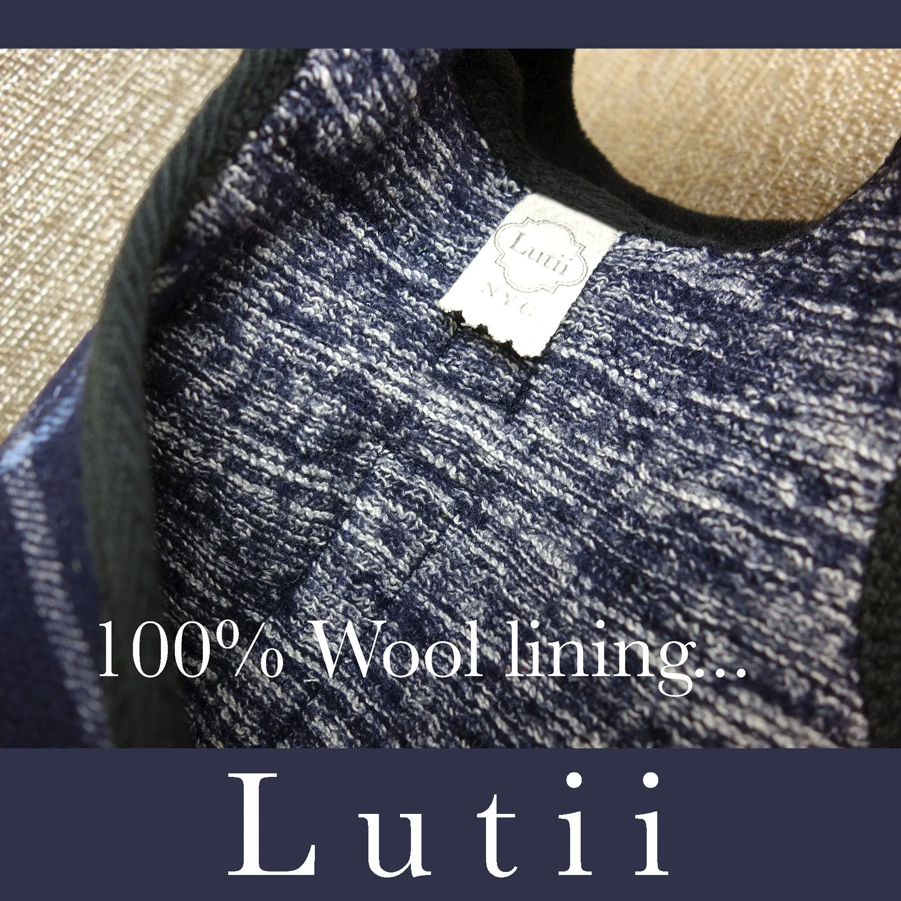 "Navy Grid"-All 100% wool w/real shearling handmade winter dog coat