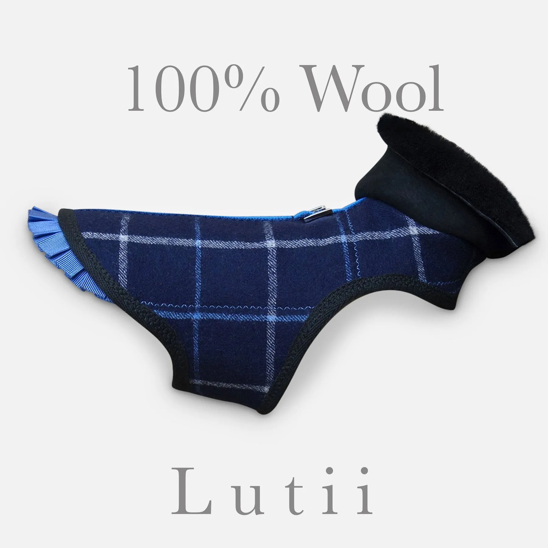 "Navy Grid"-All 100% wool w/real shearling handmade winter dog coat