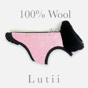 "Pink Cheri" - 100% Wool dog coat w/real shearling collar- Pink Chevron
