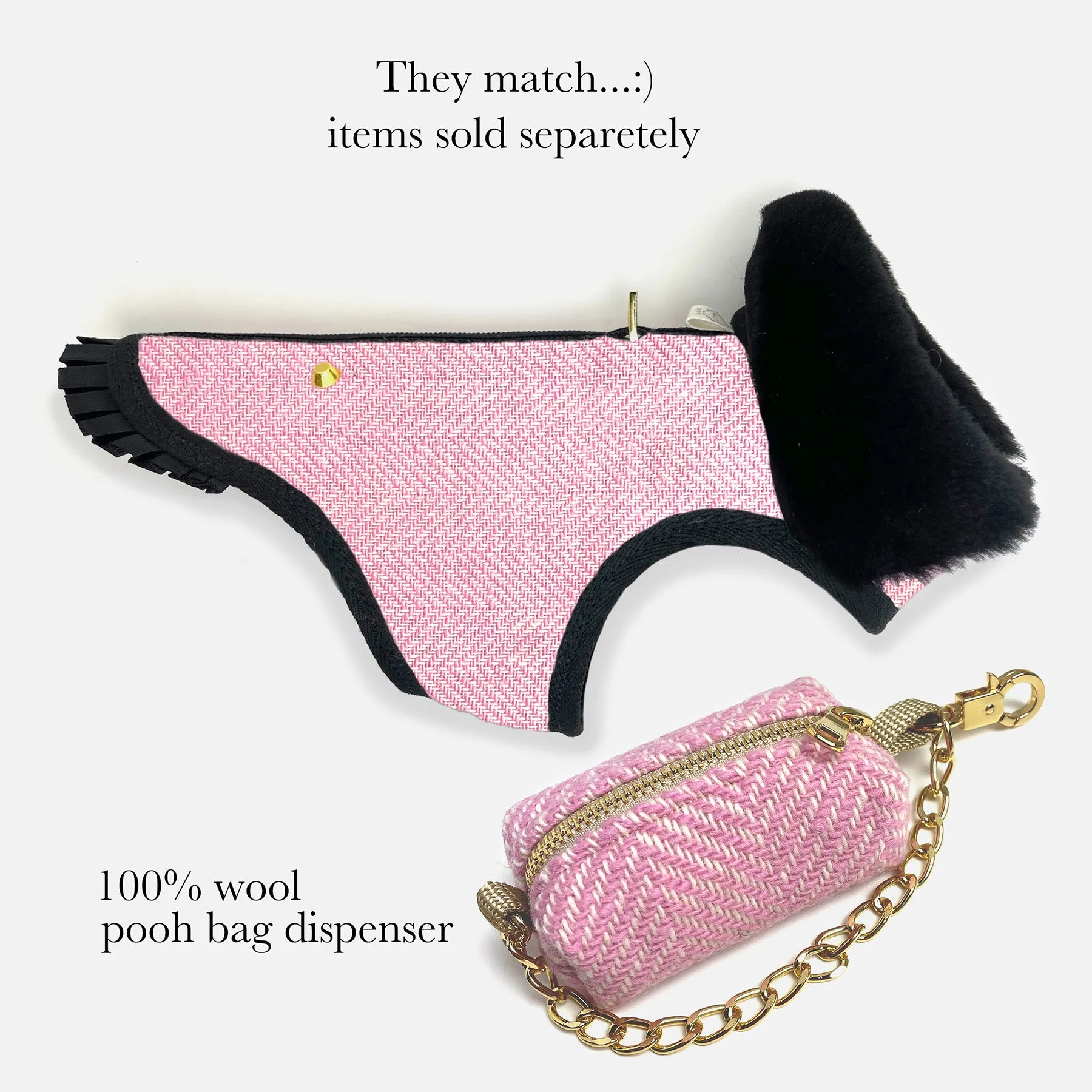 "Pink Cheri" - 100% Wool dog coat w/real shearling collar- Pink Chevron