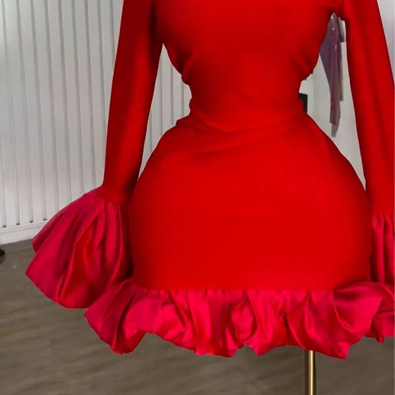 Red Ruffle Sleeve Bodycon Dress