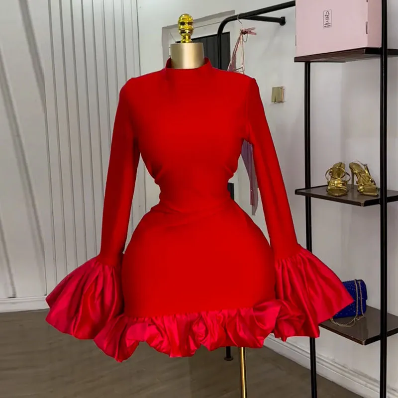 Red Ruffle Sleeve Bodycon Dress