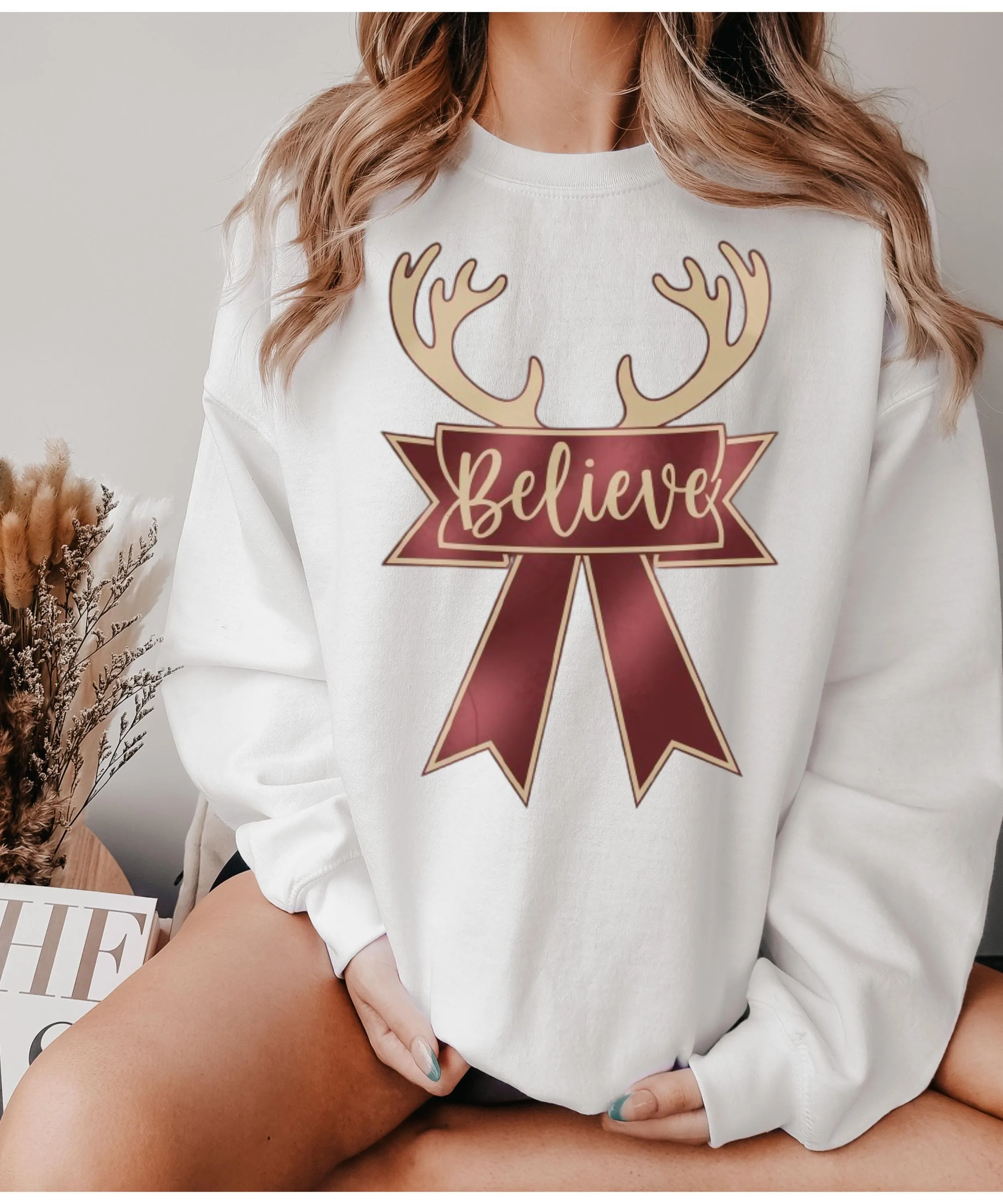 Reindeer ribbon Sweatshirt, Christmas Sweater, Christmas Deer antlers , reindeer believe Sweater,  Cute Christmas Sweater