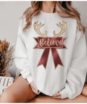 Reindeer ribbon Sweatshirt, Christmas Sweater, Christmas Deer antlers , reindeer believe Sweater,  Cute Christmas Sweater