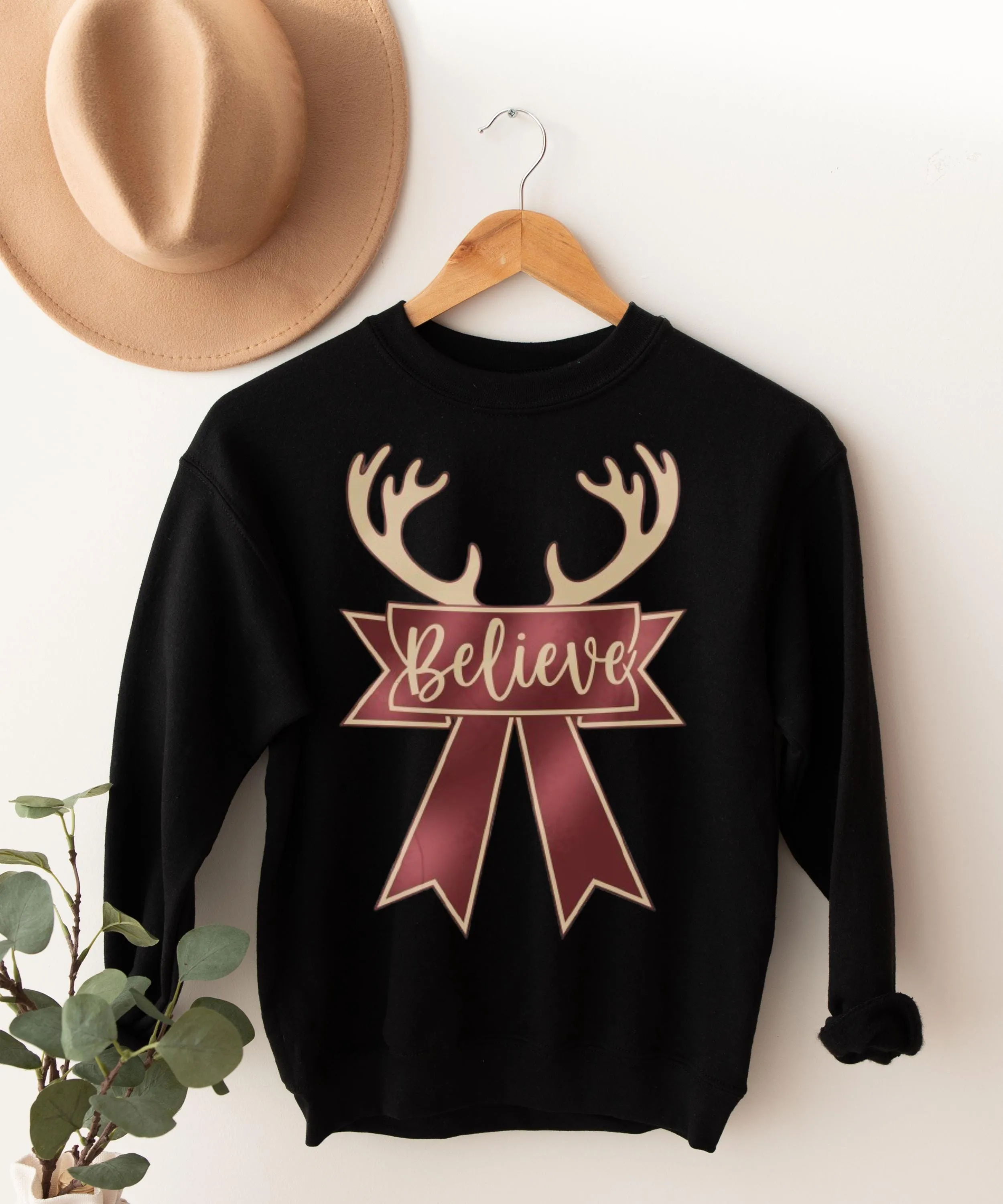 Reindeer ribbon Sweatshirt, Christmas Sweater, Christmas Deer antlers , reindeer believe Sweater,  Cute Christmas Sweater