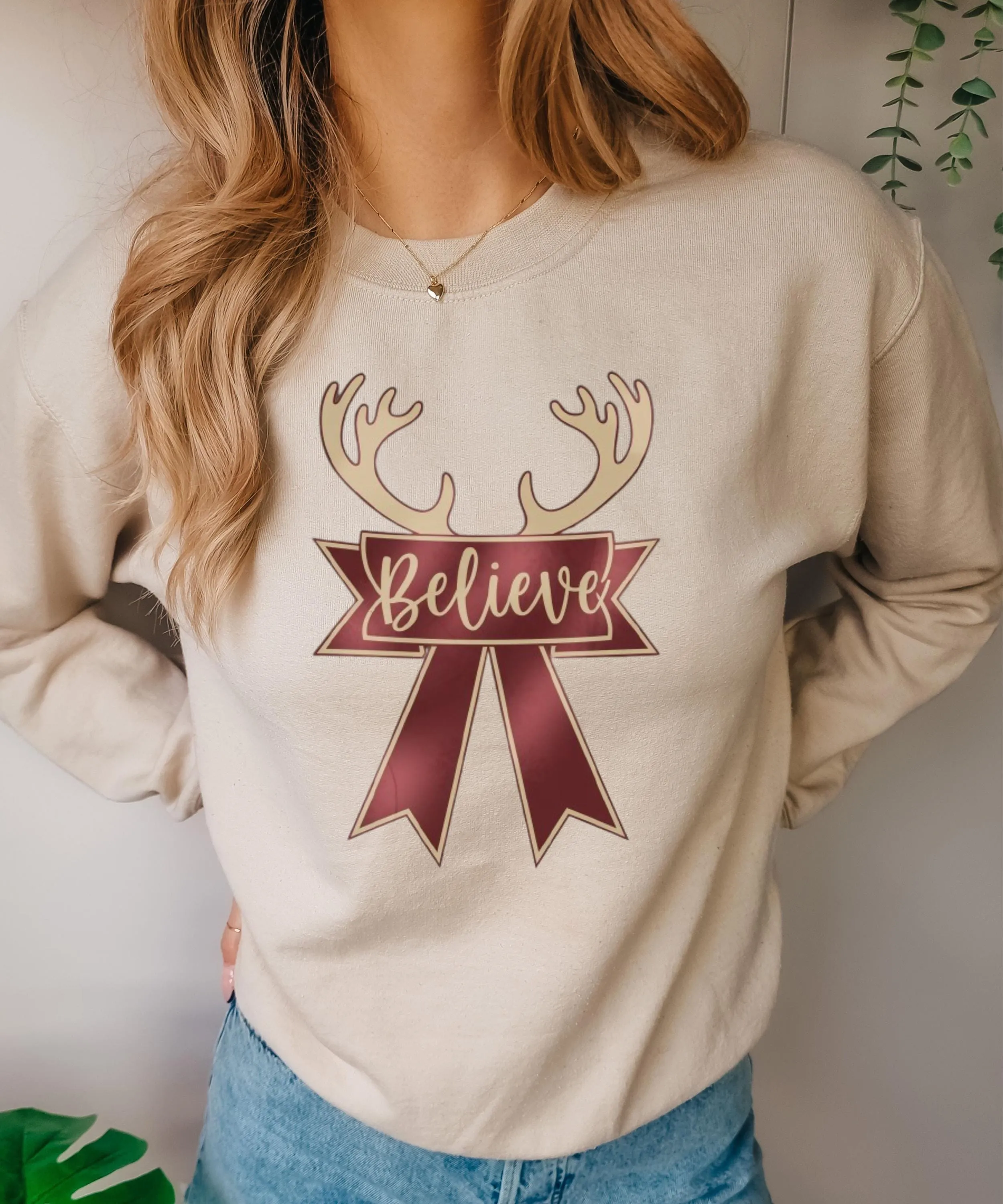 Reindeer ribbon Sweatshirt, Christmas Sweater, Christmas Deer antlers , reindeer believe Sweater,  Cute Christmas Sweater