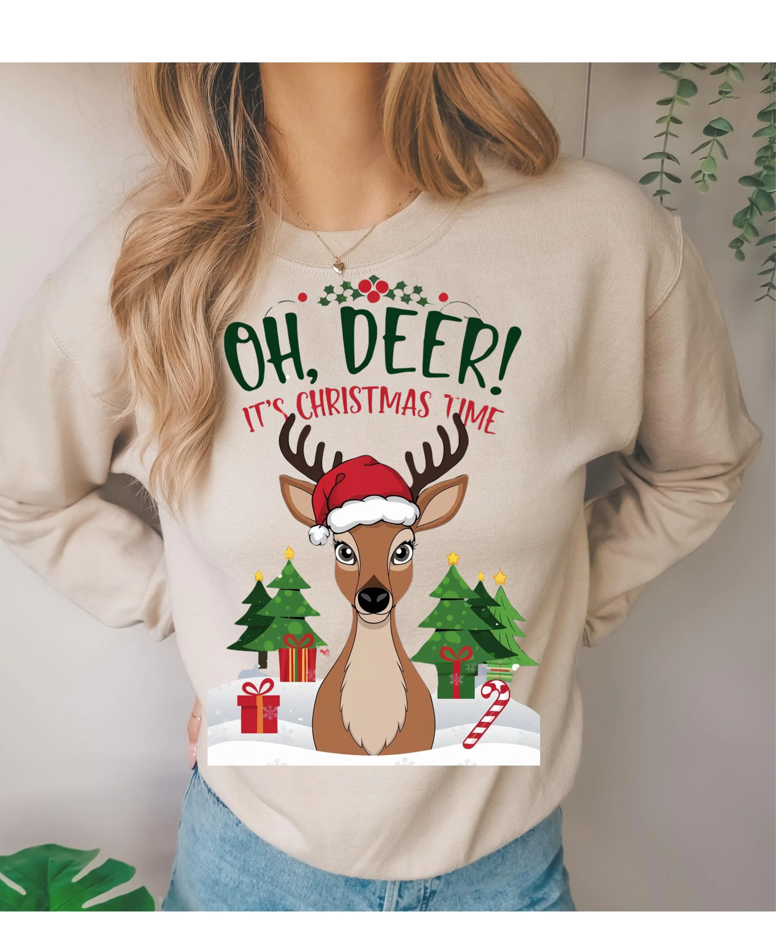 Reindeer Sweatshirt, Christmas Sweater, Christmas Deer Crew neck, oh dear its christma time Sweater, Cute Christmas Sweater,