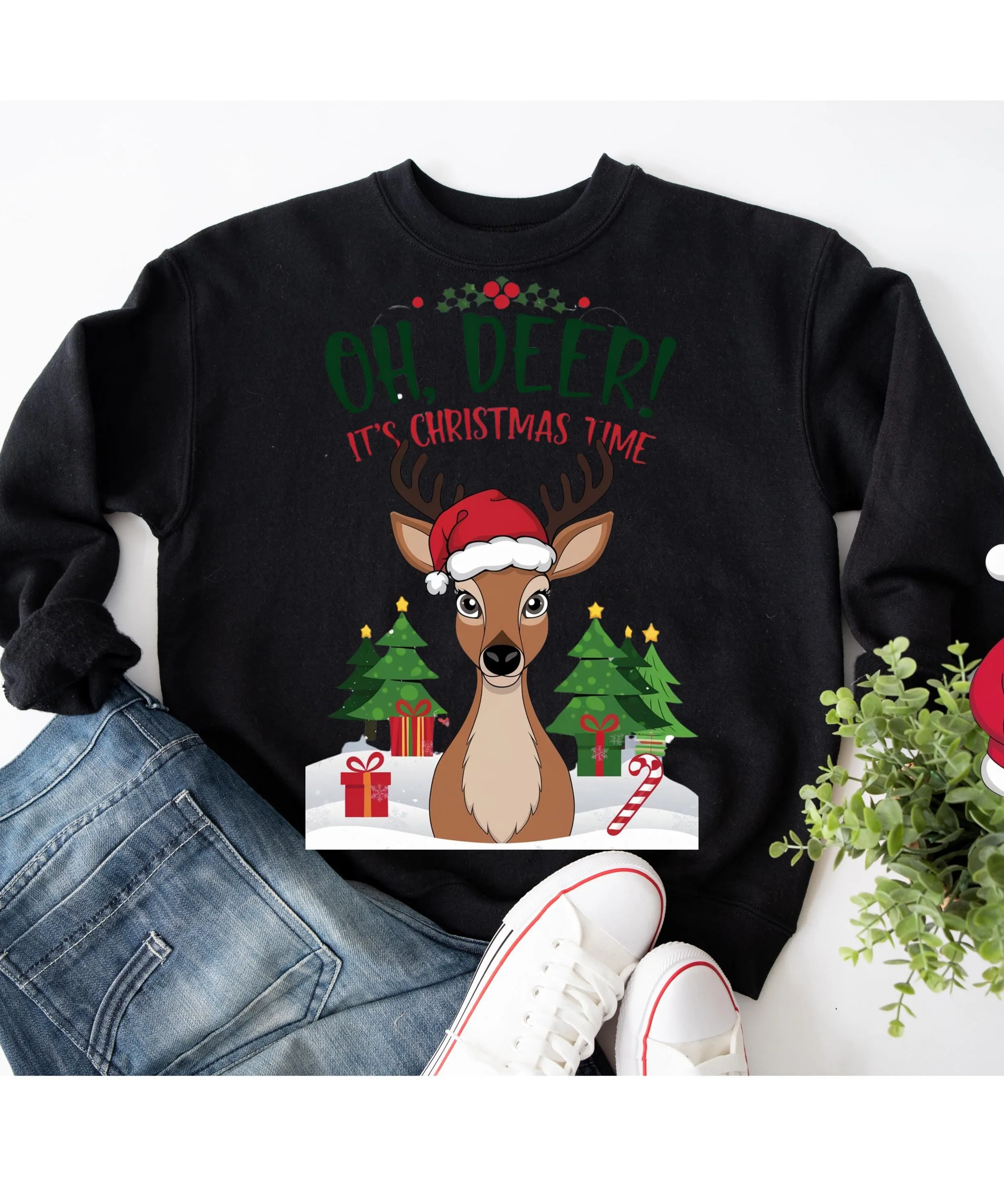 Reindeer Sweatshirt, Christmas Sweater, Christmas Deer Crew neck, oh dear its christma time Sweater, Cute Christmas Sweater,