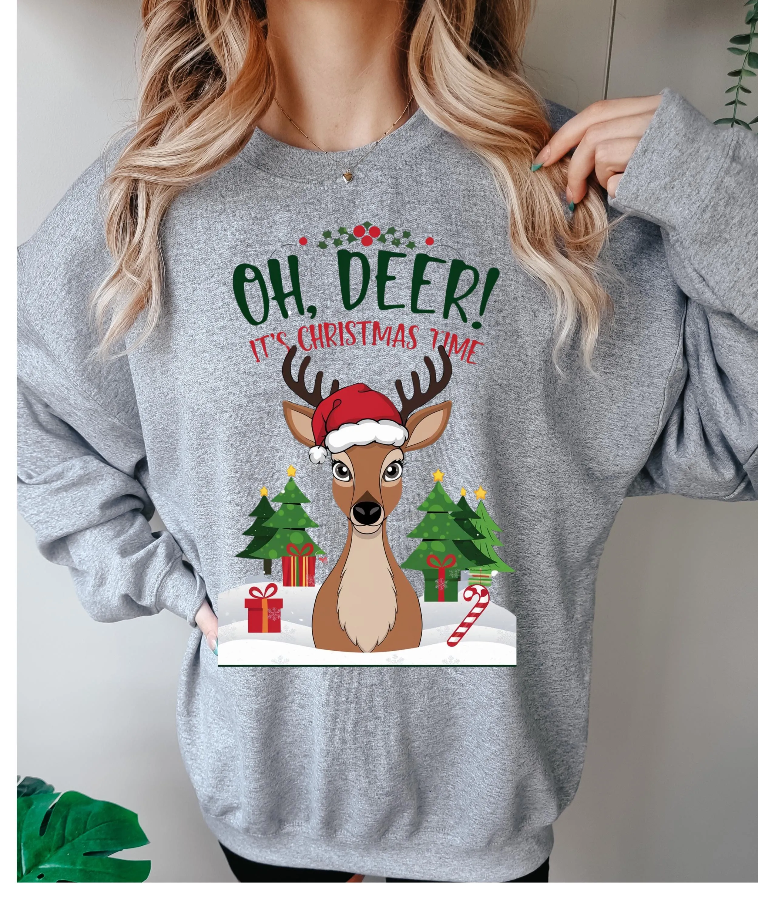 Reindeer Sweatshirt, Christmas Sweater, Christmas Deer Crew neck, oh dear its christma time Sweater, Cute Christmas Sweater,