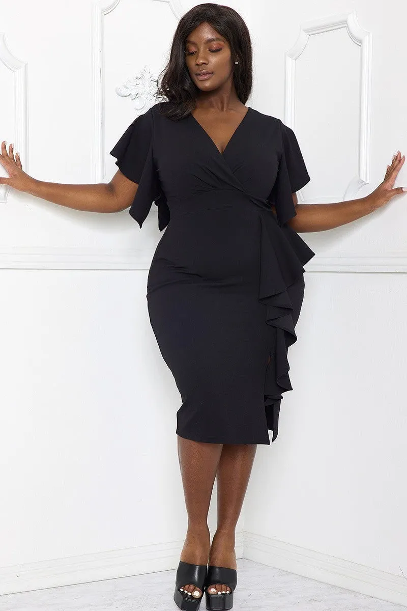 Ruffle Detailed Surplice Voluptuous ( ) Plus Size Midi Dress - Ships from The US