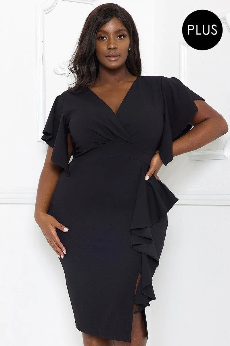 Ruffle Detailed Surplice Voluptuous ( ) Plus Size Midi Dress - Ships from The US