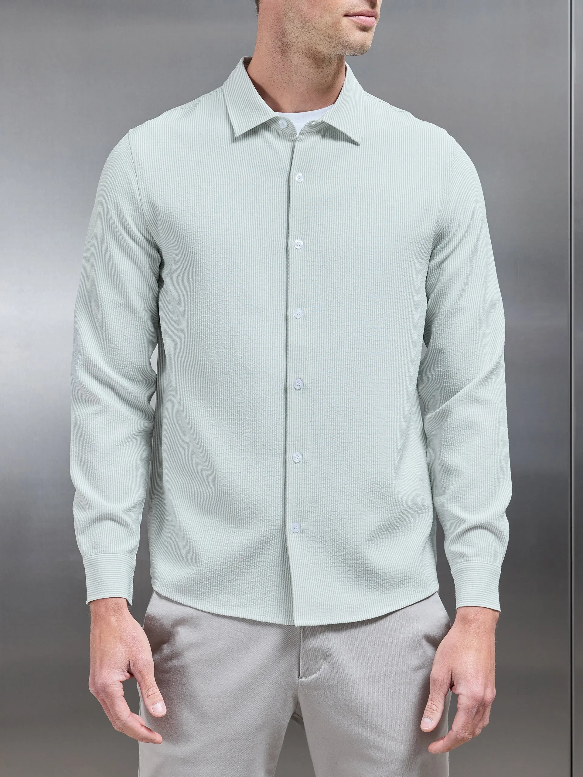 Seersucker Long Sleeve Cutaway Collar Shirt in Sage