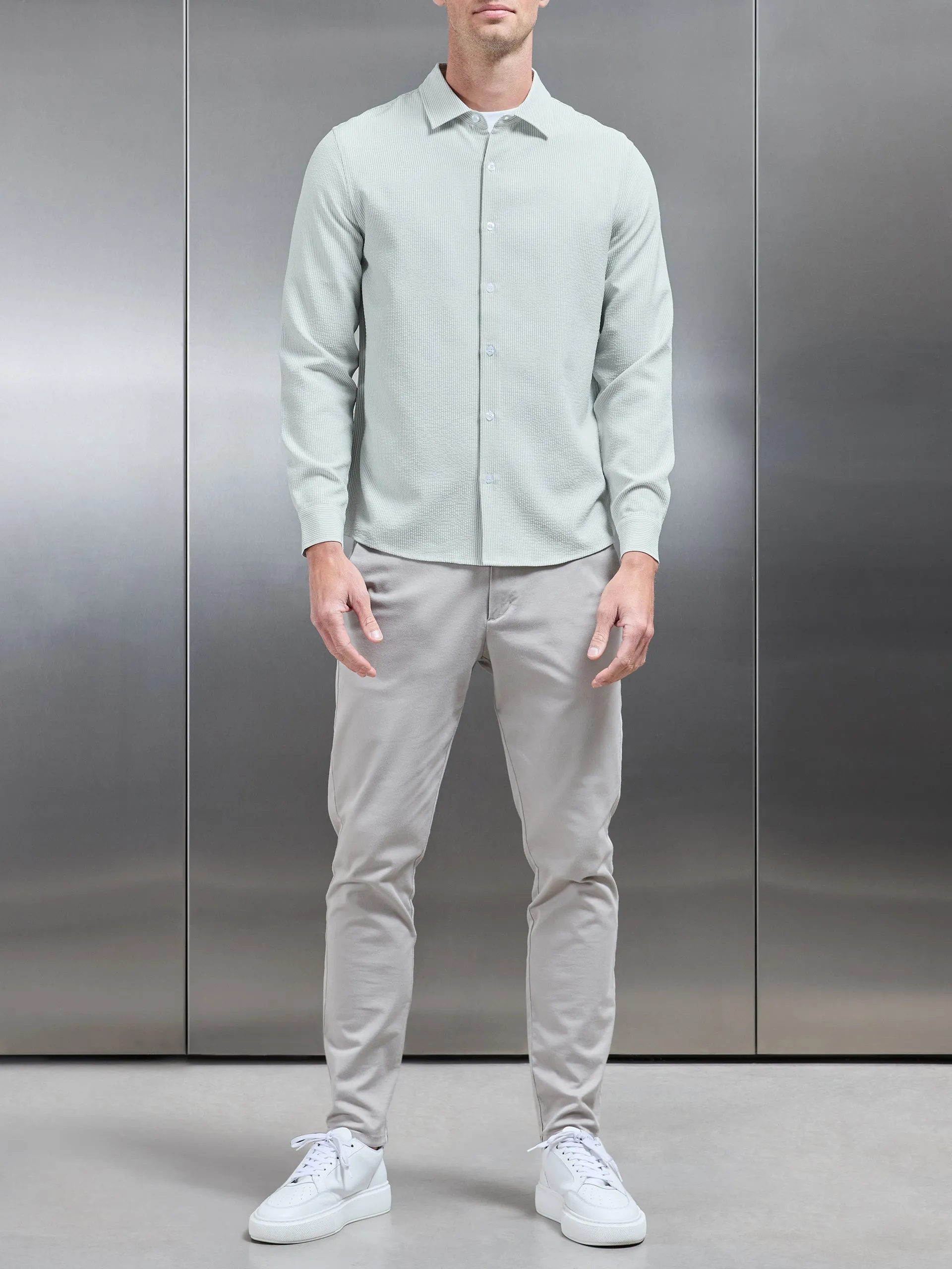 Seersucker Long Sleeve Cutaway Collar Shirt in Sage