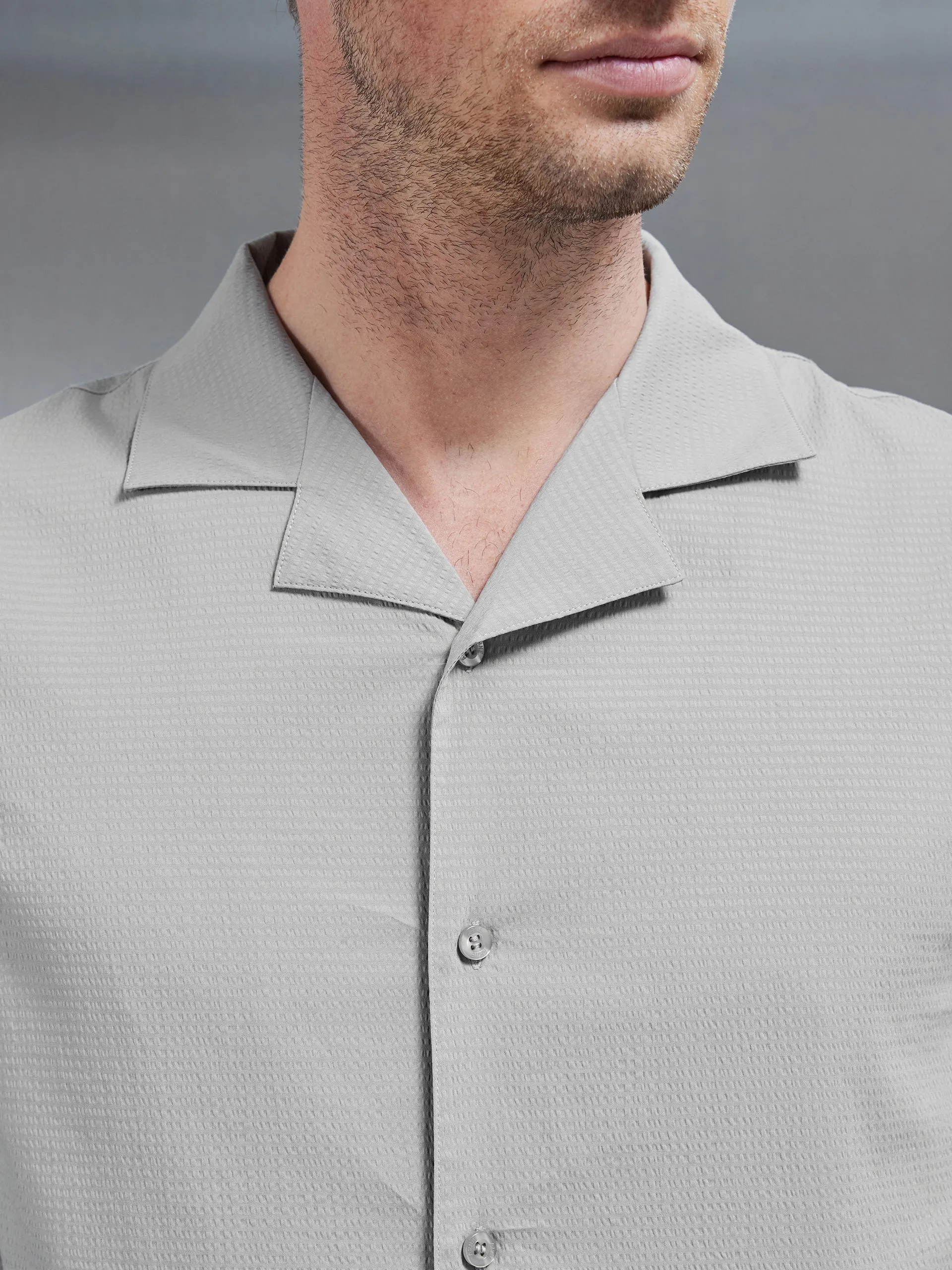 Seersucker Revere Collar Shirt in Stone