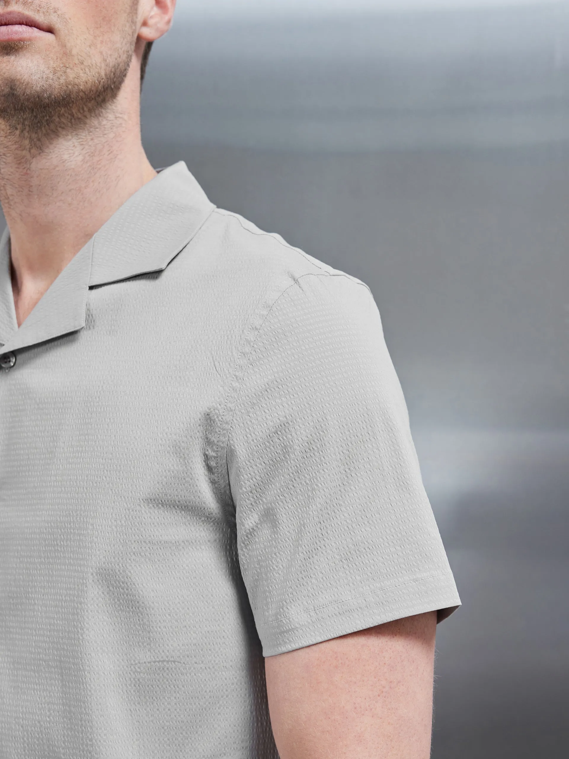 Seersucker Revere Collar Shirt in Stone