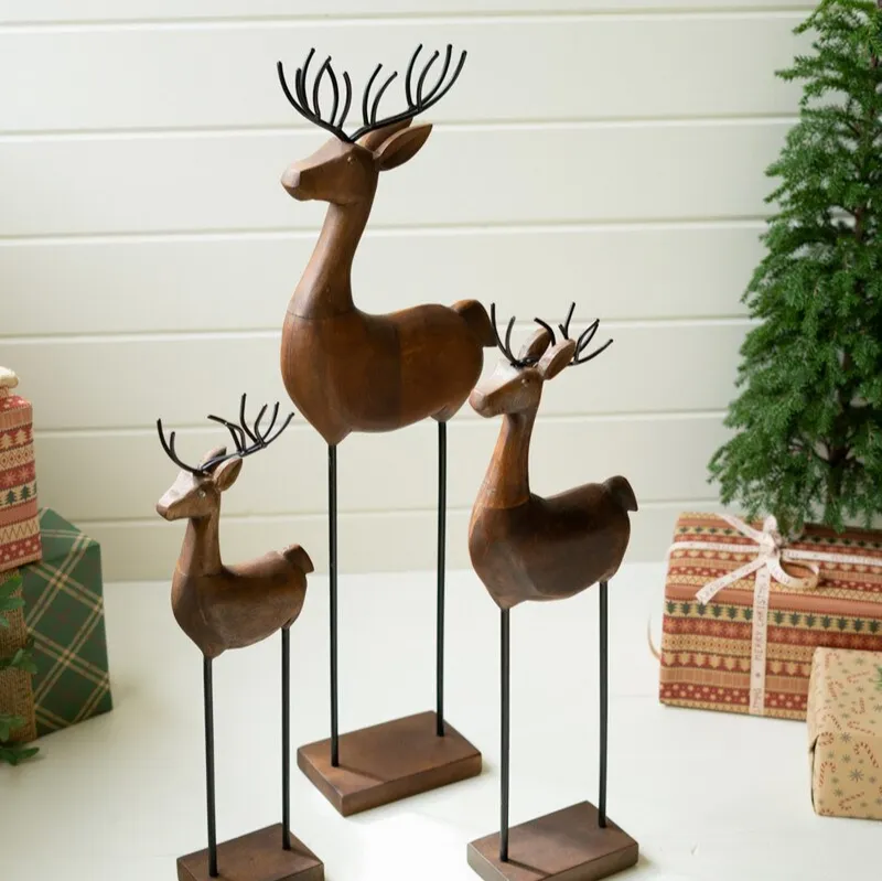 Set of 3 Carved Wood and Iron Reindeer on Bases