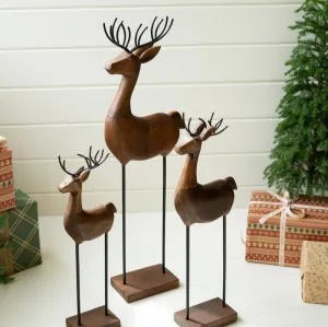 Set of 3 Carved Wood and Iron Reindeer on Bases