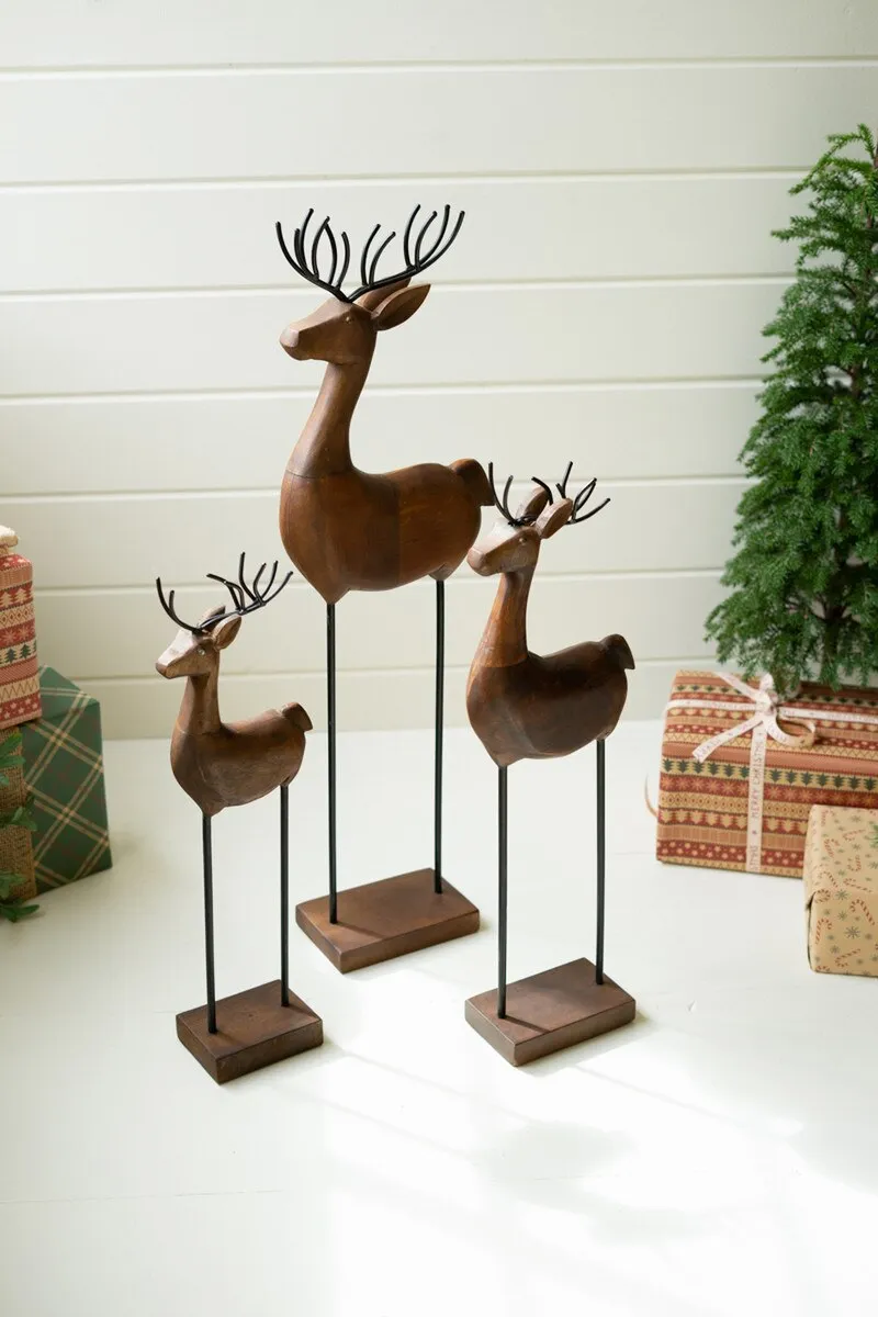 Set of 3 Carved Wood and Iron Reindeer on Bases