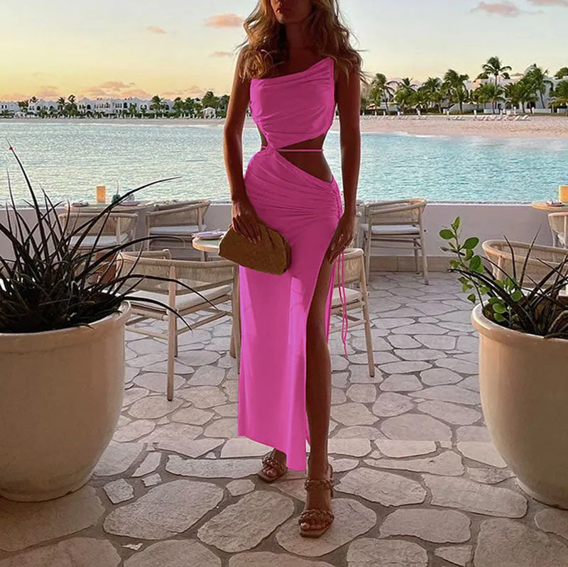Sexy Cinched Shirring Side Hip Cut Out Maxi Bodycon Dress With Slit