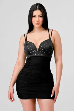 SEXY RHINESTONE TOP MESH BODYCON MINI DRESS