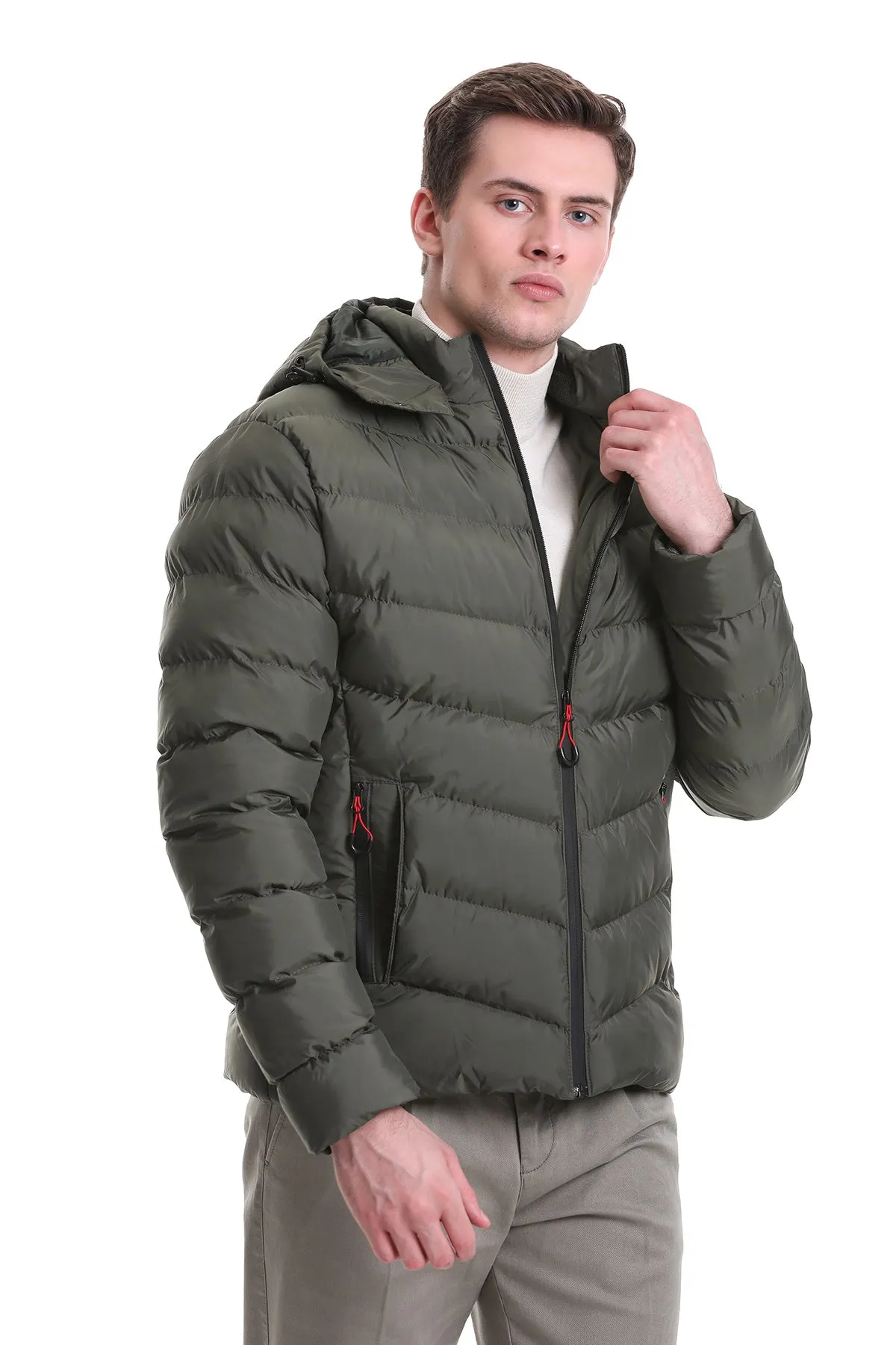 Slim Fit Khaki Hooded Stand Collar Coat