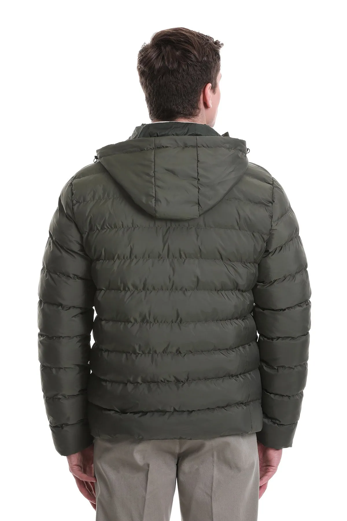 Slim Fit Khaki Hooded Stand Collar Coat