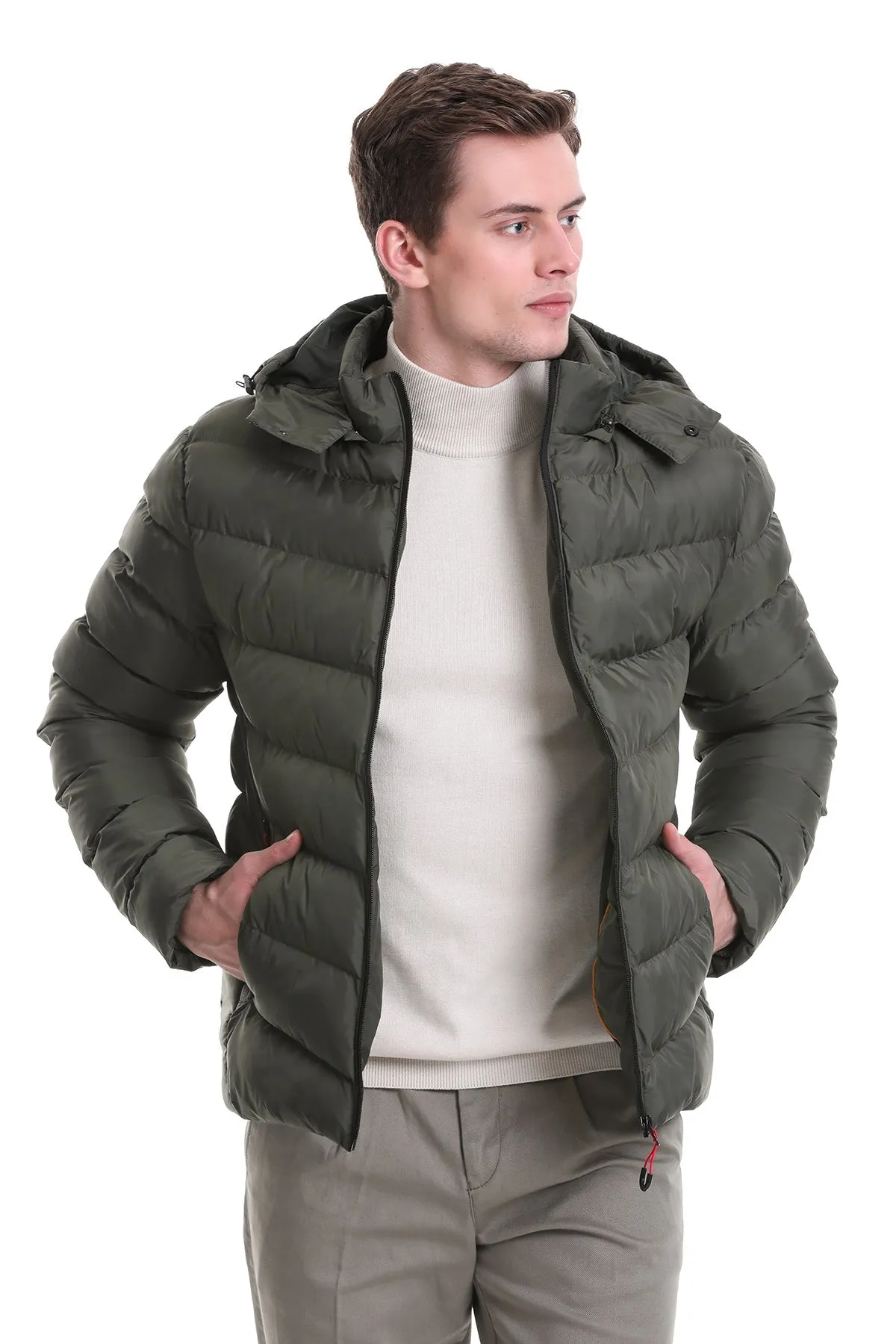 Slim Fit Khaki Hooded Stand Collar Coat