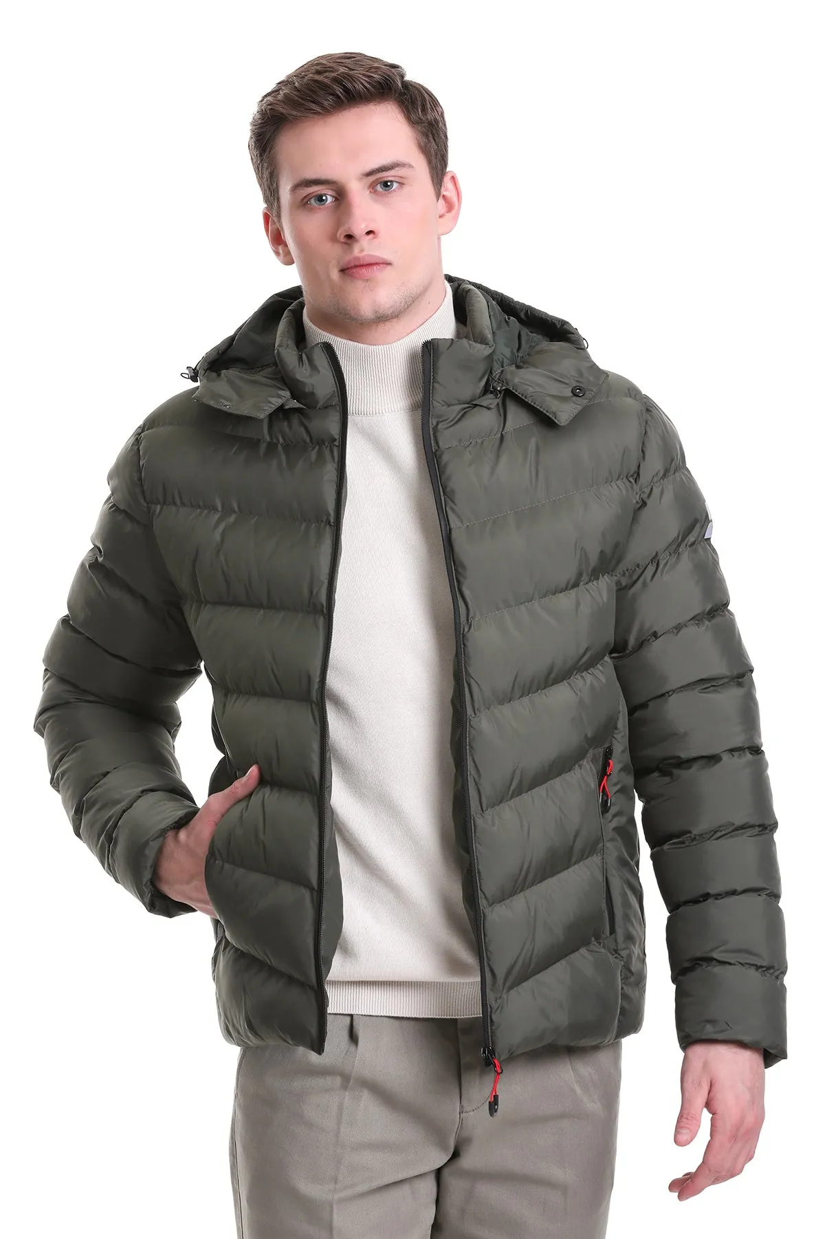 Slim Fit Khaki Hooded Stand Collar Coat