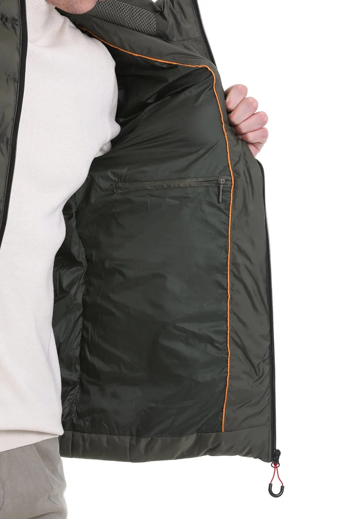Slim Fit Khaki Hooded Stand Collar Coat