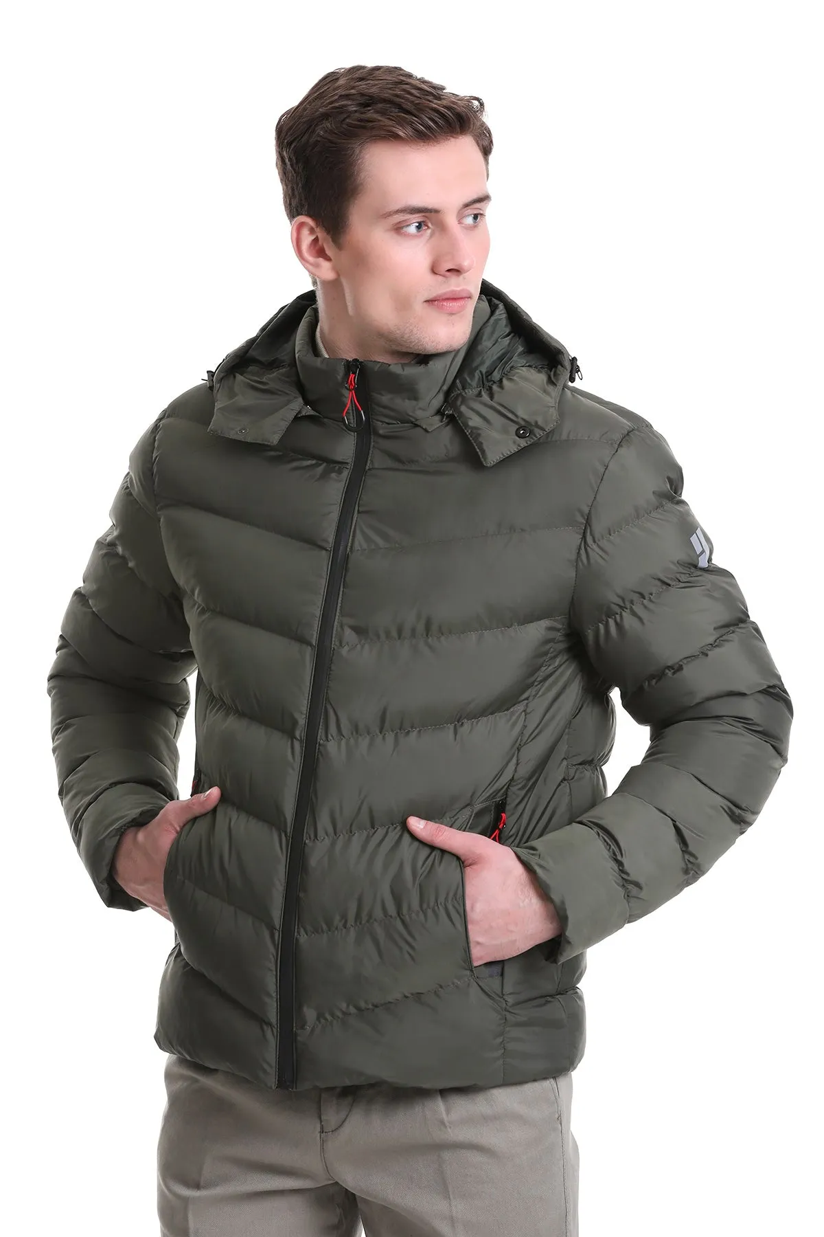 Slim Fit Khaki Hooded Stand Collar Coat