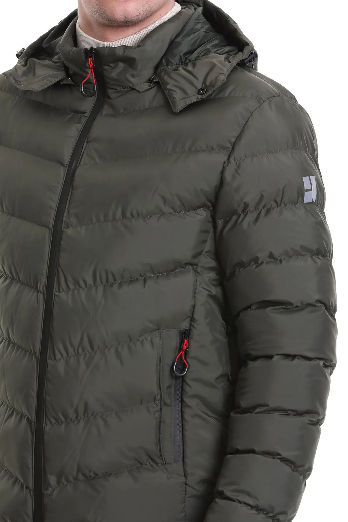 Slim Fit Khaki Hooded Stand Collar Coat