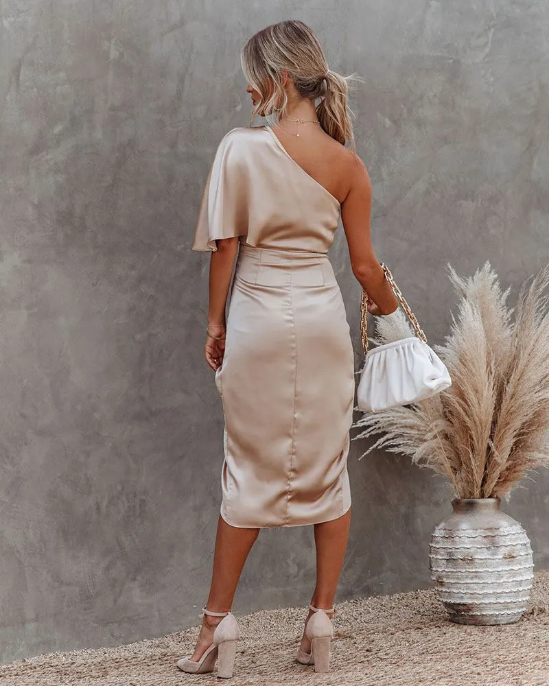 Slimming Cinched One Shoulder DrapedSatin Midi Dress