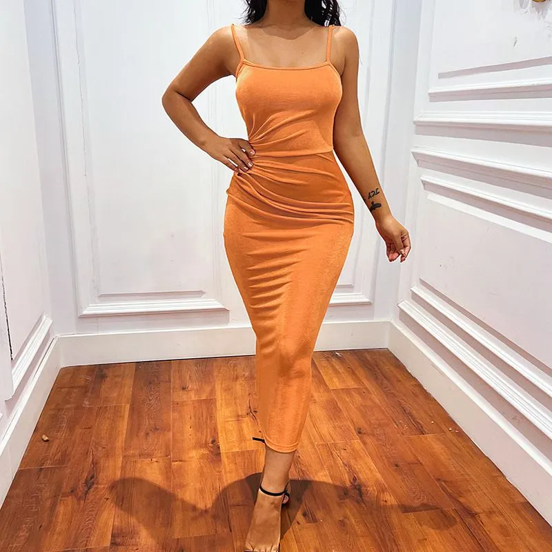 Slink Side Pleated Spaghetti Strap Scoop Neck Midi Bodycon Dress