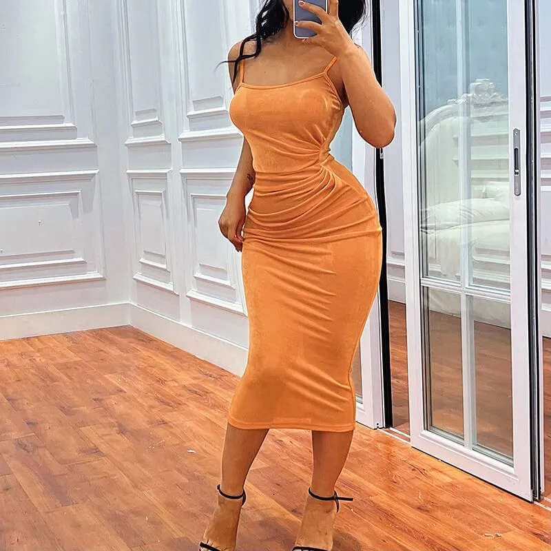 Slink Side Pleated Spaghetti Strap Scoop Neck Midi Bodycon Dress