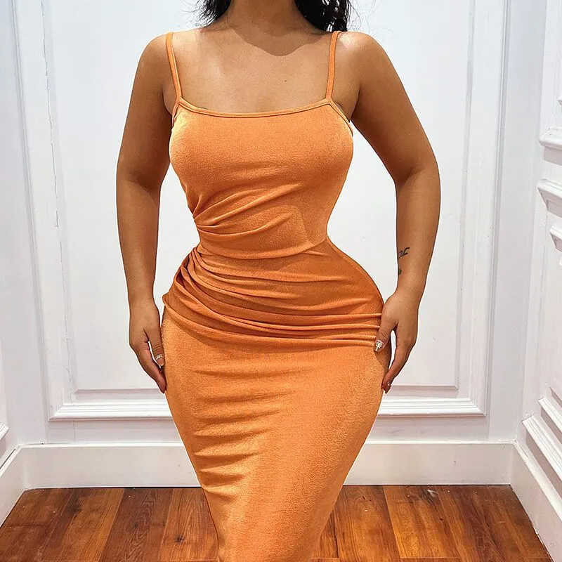 Slink Side Pleated Spaghetti Strap Scoop Neck Midi Bodycon Dress