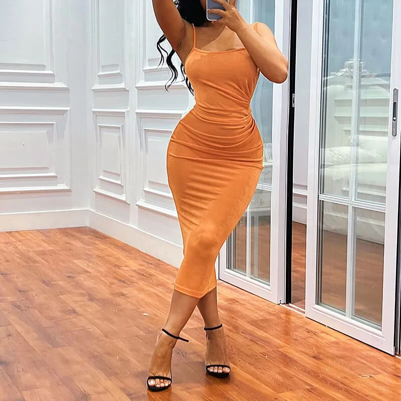 Slink Side Pleated Spaghetti Strap Scoop Neck Midi Bodycon Dress