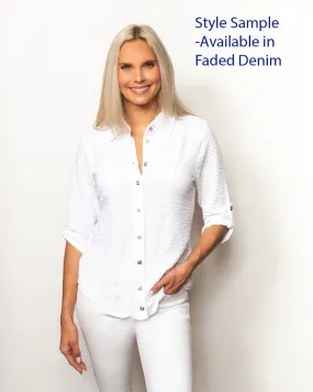 Sno Skins | Seersucker | Button Shirt with Shirt Tail Hemline | Women's | Faded Denim
