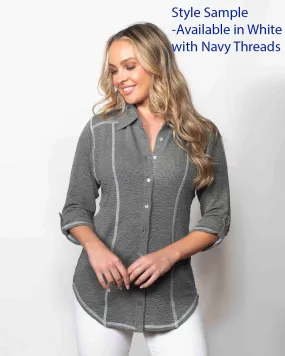 Sno Skins | Seersucker | Button Shirt with Shirt Tail Hemline | Women's | White/Navy