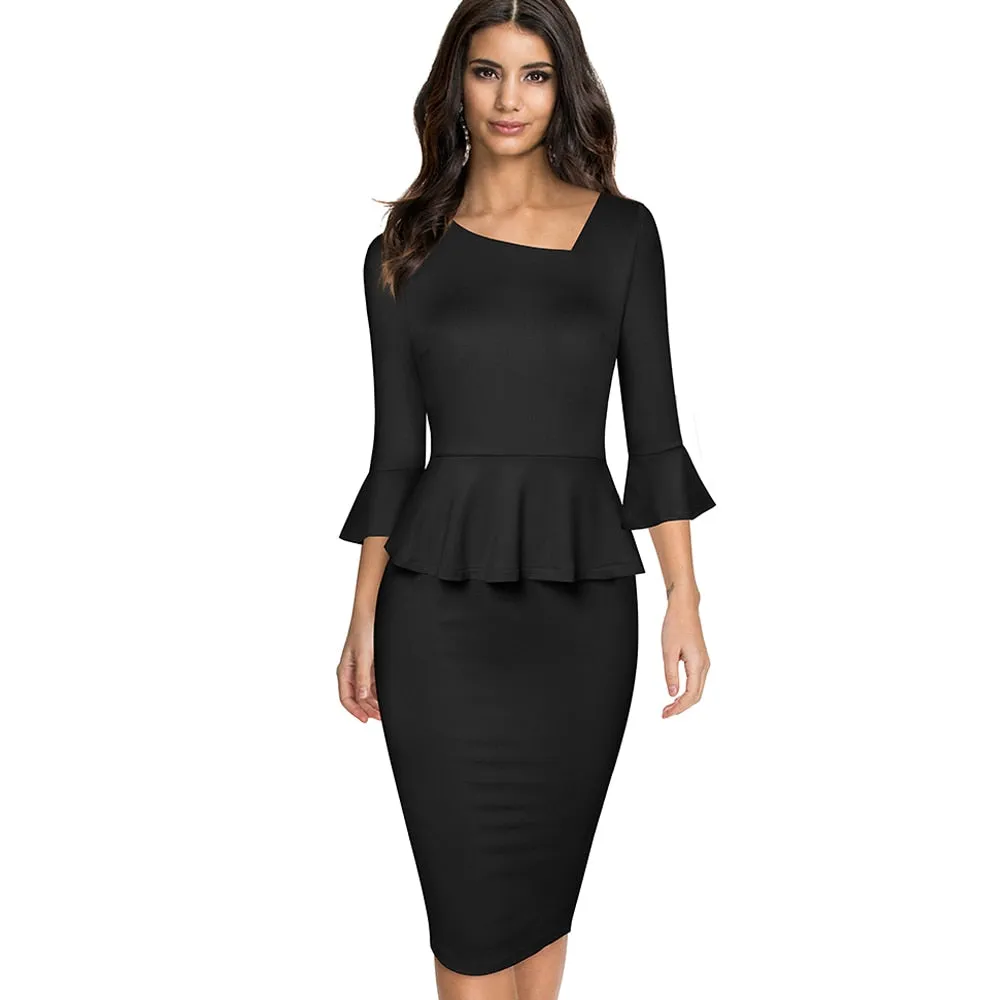 Spring Pure Color Elegant Peplum Work Dresses Formal Business Bodycon Slim Women Dress B609