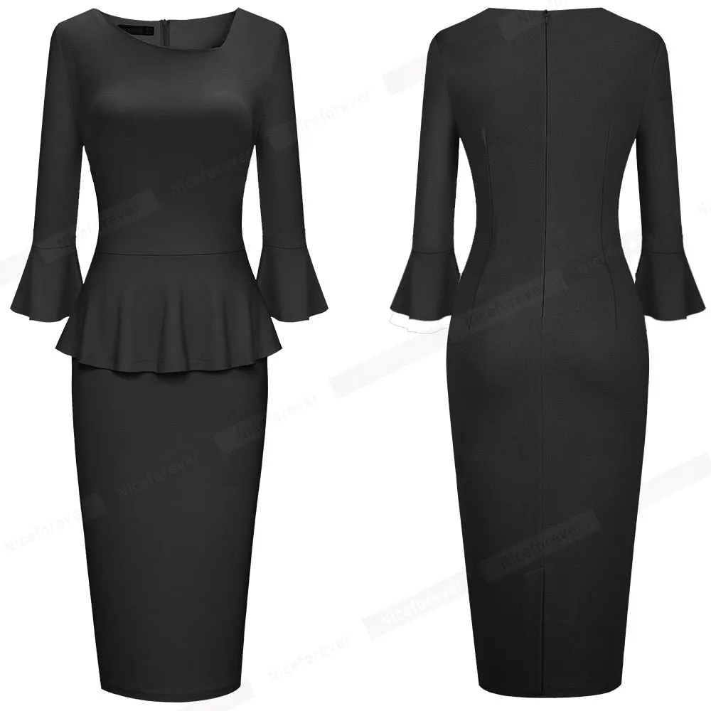 Spring Pure Color Elegant Peplum Work Dresses Formal Business Bodycon Slim Women Dress B609