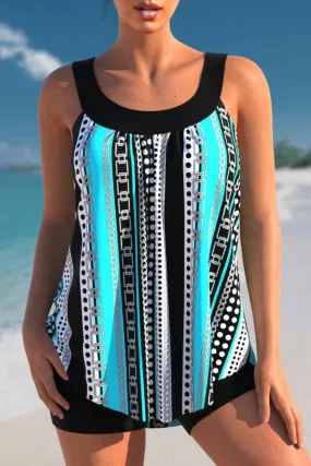 Stripe Print Cyan Wide Strap Tankini Set
