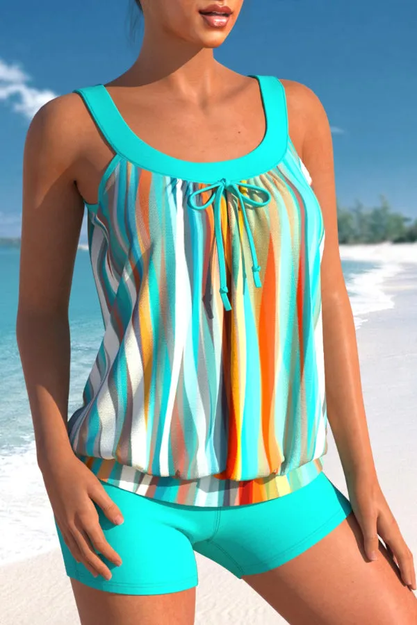 Striped Bowknot Cyan Blouson Tankini Set