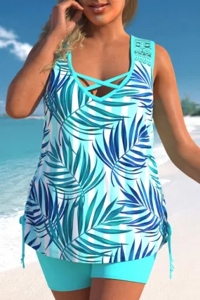 Tropical Print Cyan Lace Stitching Tankini Set