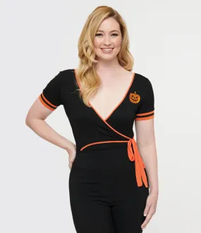 Unique Vintage 1970s Black & Orange Pumpkin Surplice Bodysuit